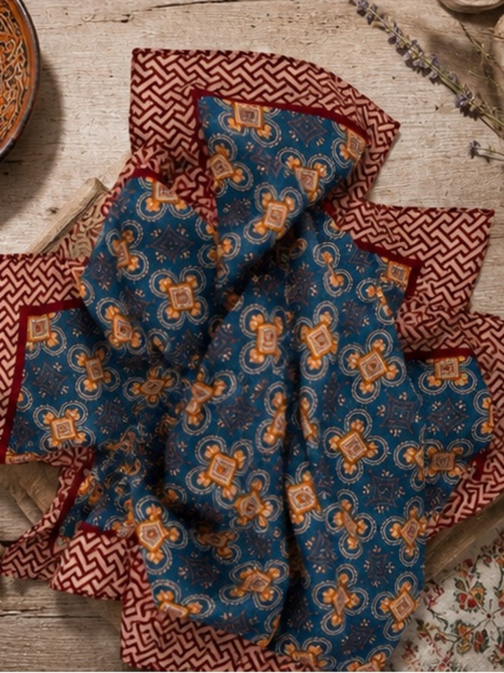 Designer Inspired Boho Medallion Print Square Scarf Blue Rust Ivory